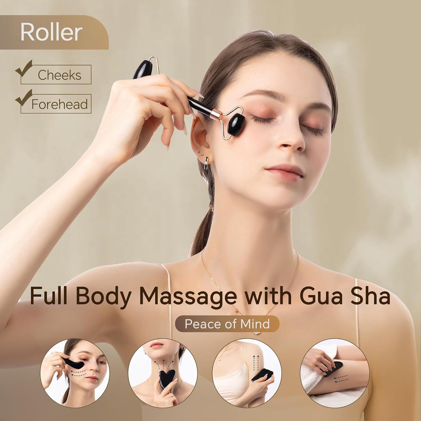 Black Obsidian Gua Sha Facial Tools Set of 4- Natural Jade Gua Sha Face Sculpting Tools Face Roller&Gua Sha Tool for Face, Double Chin Jawline Fascia Cellulite Remover& Point Treatment Christmas Gifts
