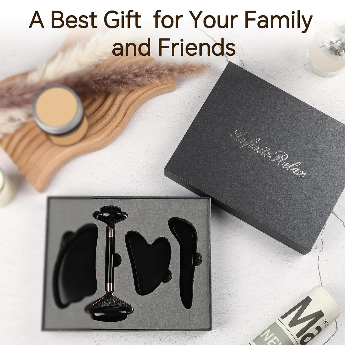 Black Obsidian Gua Sha Facial Tools Set of 4- Natural Jade Gua Sha Face Sculpting Tools Face Roller&Gua Sha Tool for Face, Double Chin Jawline Fascia Cellulite Remover& Point Treatment Christmas Gifts