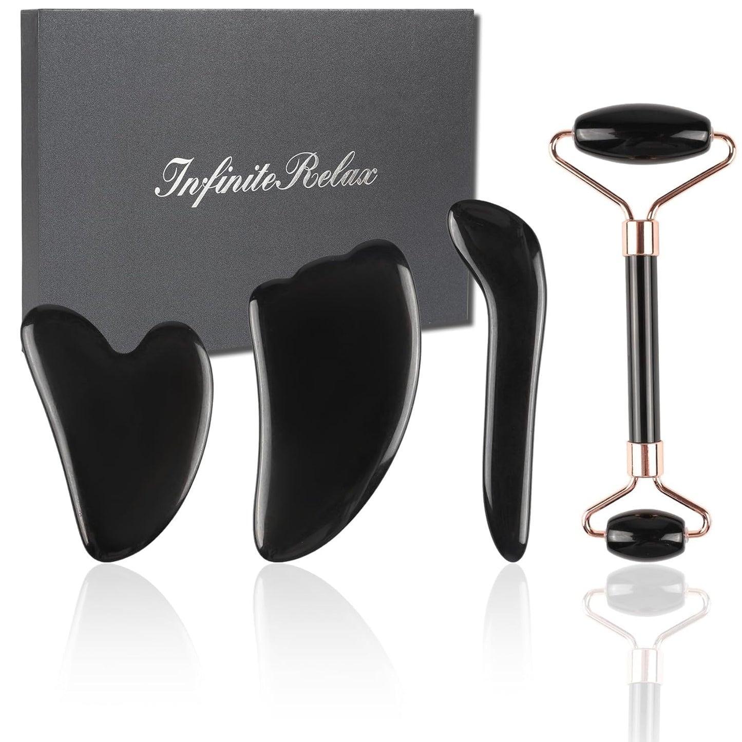 Black Obsidian Gua Sha Facial Tools Set of 4- Natural Jade Gua Sha Face Sculpting Tools Face Roller&Gua Sha Tool for Face, Double Chin Jawline Fascia Cellulite Remover& Point Treatment Christmas Gifts